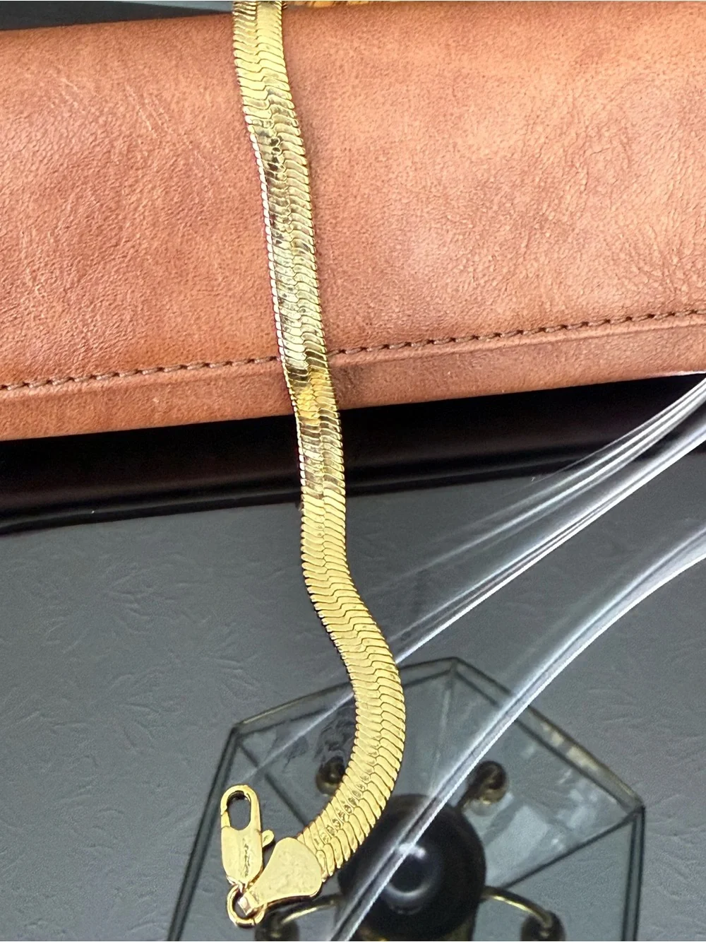 Gold Tone Herringbone Chain Bracelet Metal Lobster Clasp No Stone